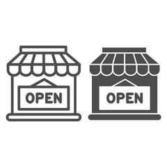 Poster - Open shop building line and solid icon, market concept, Store with open signboard on white background, Store with sign open icon in outline style for mobile concept and web design. Vector graphics.
