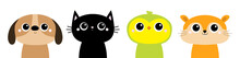 Dog Parrot Black Cat Hamster Bird Face Head Round Icon. Kitty Kitten. Funny Kawaii Animal Set. Big Eyes. Kids Print. Cute Cartoon Baby Character. Pet Collection. Flat Design White Background