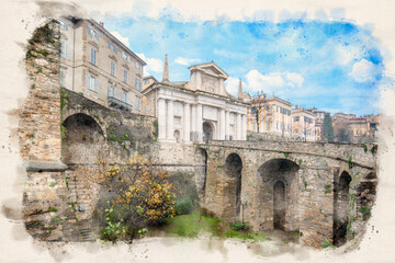 Wall Mural - Bridge and the gate Porta San Giacomo in Bergamo, Italy on the Venetian Walls (Mure Venete) in the Upper Town (Citta Alta) in the old city. Watercolor style illustration