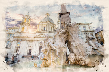  Rome, Italy. Fontana del Nettuno (Fountain of Neptune) and Fountain of the Four Rivers with an Egyptian obelisk and Sant Agnese Church in Piazza Navona. Watercolor style illustration