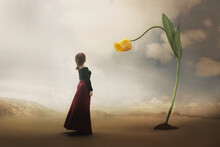 Surreal Encounter Between A Woman And A Giant Tulip