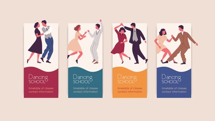 Set of different colorful posters dancing school vector flat illustration. Collection of various promo of choreography studio with place for text. Trendy announcement with dancing man and woman