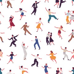 Aufkleber - Joyful colorful people dancing vector flat illustration. Happy man, woman and pair in elegant clothes performing dance elements seamless pattern. Male and female demonstrate Lindy hop or Swing