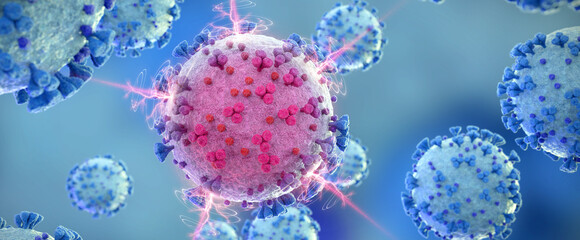 Poster - Microscopic close-up of the covid-19 disease. Coronavirus illness spreading in body cell. 2019-nCoV analysis on microscope level 3D rendering