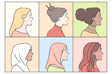 Wall Mural - Portraits of women set concept. Images multiracial asian african american muslim arab women girls cartoon characters different nationalities for social media. Profile international people illustration