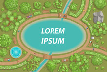 Vector Illustration. Park With A Large Lake. (Top View) Paths, Trees, Shrubs, Lake, People. (View From Above)