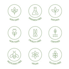 Leinwandbilder - Organic cosmetic badges collection. Product free allergen line icons set. Organic stickers. Natural products labels. GMO free emblems. Healthy eating. Vegan, bio food. Vector illustration