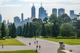 Fototapeta  - View of the Shrine of Remembrance with people and tourists in Melbourne Victoria Australia. It was built to honour the men and women of Victoria who served in World War I