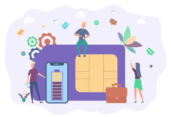 Poster - Mobile SIM card, microchip, mobile phone communication scheme. People use mobile. 5G, 4G. New technologies of mobile communication. Colorful vector illustration.