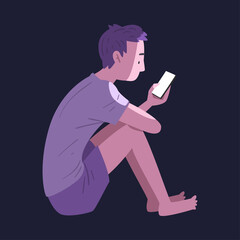 Sticker - Guy in Pajamas Sitting with Smartphone at Night, Person Using Gadget in Bedtime Vector Illustration