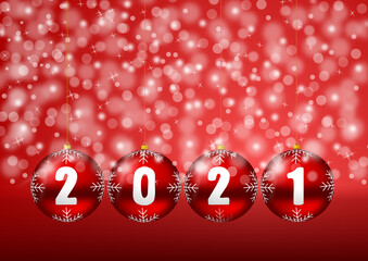 Poster - New year 2021 illustration, greeting card with red christmas balls and snowflakes and empty copy space, 3D rendering