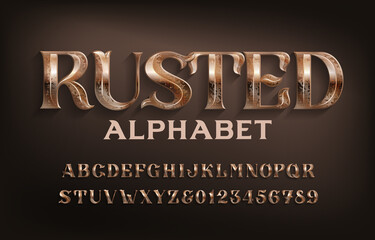 Poster - rusted alphabet font. ancient scratched metal letters and numbers. stock vector typescript for your 
