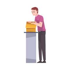 Sticker - Young Man Packing Cardboard Box Preparing Goods For Dispatch Cartoon Vector Illustration