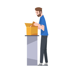 Sticker - Man Standing at Table Checking Cardboard Box Preparing Goods For Dispatch, Guy Working in Warehouse Cartoon Vector Illustration