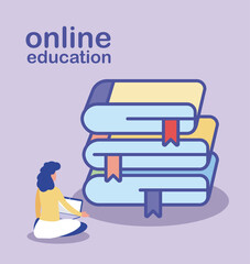 online education, woman with laptop, stack of books