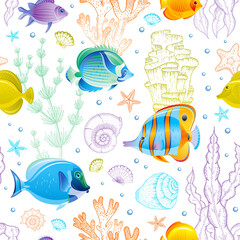 Wall Mural - Sea Seamless Pattern. Vector ocean background with tropical fish, seashell, coral reef, starfish. Marine sketch underwater illustration. Summer beach drawing for watercolor color vintage print design