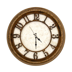 Wooden round analog wall clock isolated on white background, its half past four.