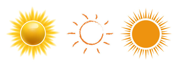 Vector sun icon set, Realistic, web, hand drawn sun icon for weather design or sunscreen cosmetic. Sunshine symbol good weather happy orange sun illustration isolated in white background.