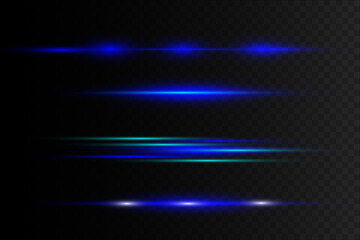 Poster - Blue horizontal lens flares pack. Laser beams, horizontal light rays.Beautiful light flares. Glowing streaks on dark background.