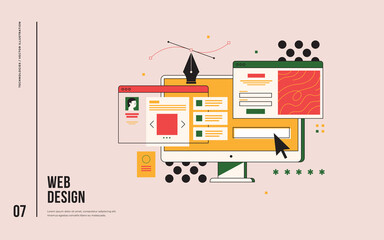 Web design concept. Interface elements and browser windows on the monitor screen. Digital industry. Innovation and technology. Vector flat illustration.