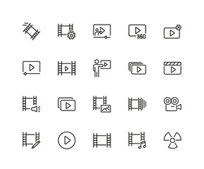 Poster - Movie icons. Set of twenty line icons. Multimedia, filmstrip, camera. Video content concept. illustration can be used for topics like cinema, video footage, filming.