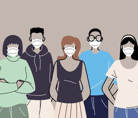 Wall Mural - group of people in protective medical face masks, woman and man wearing protection from coronavirus