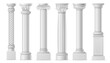Realistic column. Classic antique white columns, roman historical stone pillars, marble pillar ancient greece architecture vector set