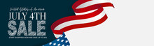 July 4th Banner Or Header Background. United States Of America National Flag And Ribbon With Stars And Stripes. USA Independence Day Celebration. Realistic Vector Illustration.