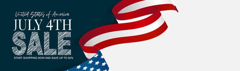 Wall Mural - july 4th banner or header background. united states of america national flag and ribbon with stars a