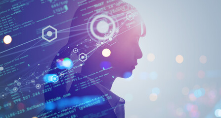 Aufkleber - ai, artificial intelligence, network, brain, science, learning, deep learning, woman, profile, imagination, idea, creative, data, memory, knowledge, programming, system, internet, online, technology, 