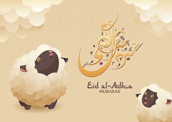 Wall Mural - Eid Al Adha Mubarak calligraphy greeting card. Islam holiday. Holy arabic month muslim community template. Feast of sacrifice ram, sheep. Invitation with clouds, pattern, ornament. Vector illustration