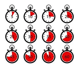 Stopwatch icons. Clock timer with stop. Set of chronometer. Countdown in sport. Symbol of start, end. Time in: 5, 10,15,20,30,45,60 second. Competition in speed. Interval meter with arrow. Vector.