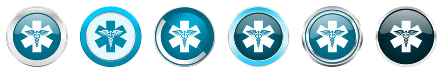 Aufkleber - Emergency silver metallic chrome border icons in 6 options, set of web blue round buttons isolated on white background