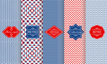 Set Of Seamless Geometric Patterns In Blue And Red  With Trendy Modern Colorful Labels. Shabby Chic. Vector Geometric Seamless Textures With Zig Zag Lines, Stripes.
