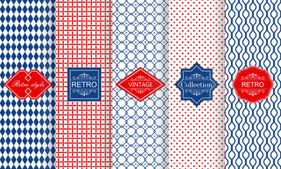 Poster - Set of seamless geometric patterns in blue and red  with trendy modern colorful labels. Shabby chic. Vector geometric seamless textures with zig zag lines, stripes.
