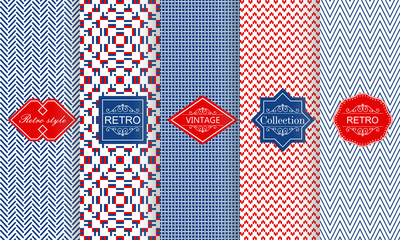 Aufkleber - Set of seamless geometric patterns in blue and red  with trendy modern colorful labels. Shabby chic. Vector geometric seamless textures with zig zag lines, stripes.
