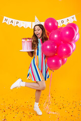 Sticker - Image of excited woman posing with pink balloons and birthday torte