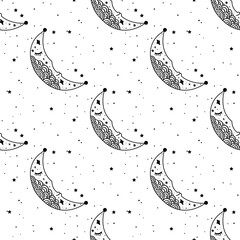 Wall Mural - Seamless Pattern Mystical moon with stars. Stars, constellations, moon, crystals.