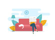 Breaking news. Woman reading fresh newspaper and her cat napping on sofa at home, vector illustration in flat style