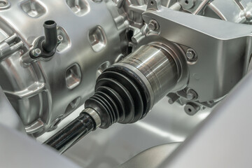 close up view of detailed electric car motor component  connect with engine