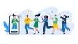 © jenny on the moon - Referral system, refer a friend, a loyalty program. Group of people or customers are holding phones and join invitations. Trendy vector illustration for banners, landing page template, mobile app.
