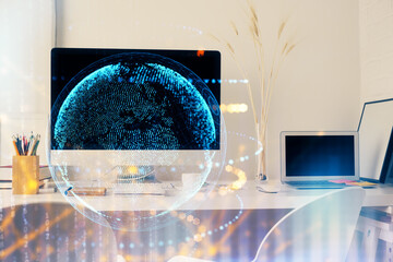Aufkleber - Double exposure of desktop with computer and world map hologram. International data network concept.