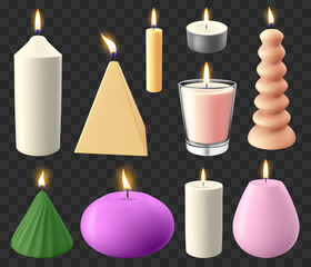 Wall Mural - Realistic 3d candles. Holidays candlelight, romantic flaming wax candle, wedding or birthday candles vector illustration icons set. Illustration candlestick to christmas and romantic relaxation