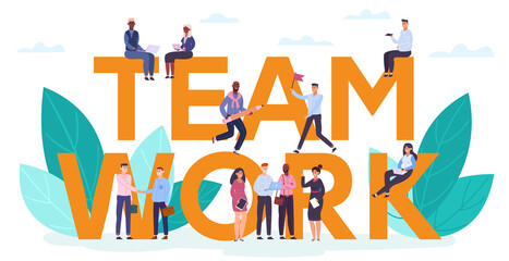 Teamwork motivation concept. Creative business successful team working together, teamwork cooperation lettering concept vector illustration. Teamwork motivation, success team communication