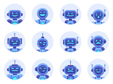 Chat Bot Avatars. Robotic Digital Assistant Avatar, Computer Online Assistance Bot, Virtual Machine Help Bots Vector Illustration Icons Set. Cyber Support, Service Virtual Bot, Chat Robot