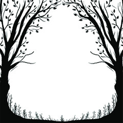 Enchanted forest is drawn. Vector black and white frame. Silhouette of trees and grass.