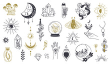 Magic Doodle Symbol. Witch Hand Drawn Magic Element, Doodle Witchcraft Crystal, Skull, Knife, Mystery Tattoo Sketch Vector Illustration Icons Set. Magic And Witchcraft, Witch Esoteric Alchemy
