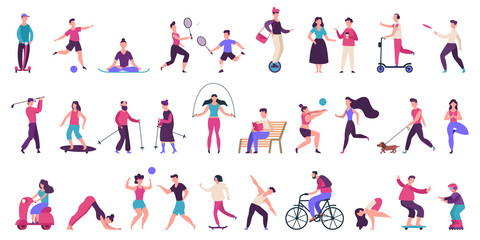 People outdoor activities. Active, healthy lifestyle, jogging, running, roller skates, bicycle and rollerblading vector illustration icons set. People activity outdoor, yoga volleyball and golf