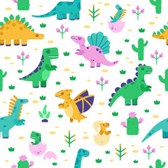 Wall Mural - Dinosaur pattern. Cute dino doodle pattern, dinosaurs hand drawn tyrannosaurus, pterodactyl background, jurassic park vector seamless illustration. Background seamless pattern with prehistoric animals