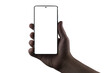 Hand holding phone. Silhouette of male hand holding bezel-less smartphone isolated on white background. Screen is cut with clipping path.